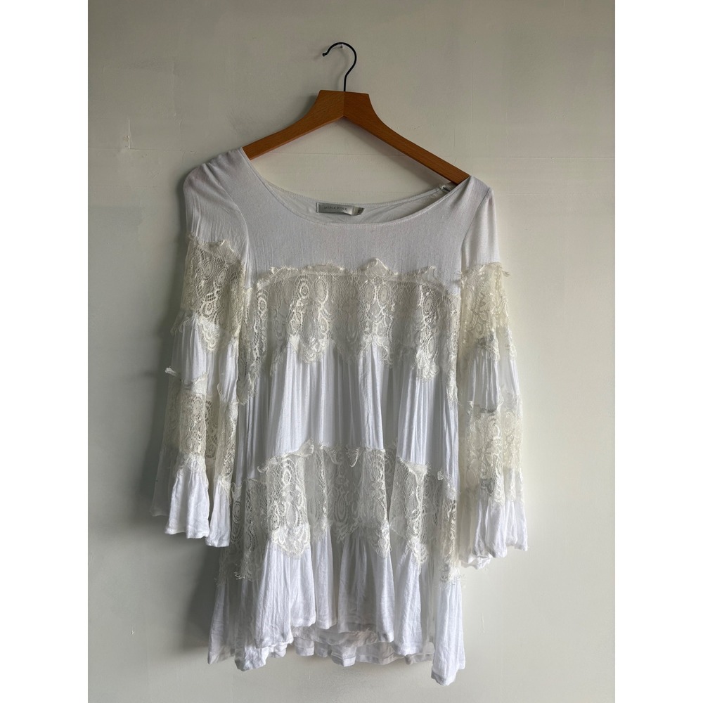 Minkpink White Tiered Lace coquette Bohohemian Tunic Top dress Bell Sleeve W- XS